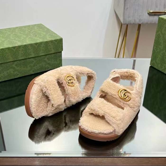 Gucci Women’s GG Double G Sandals Beige Merino Wool Double G Rubber Sole Flat