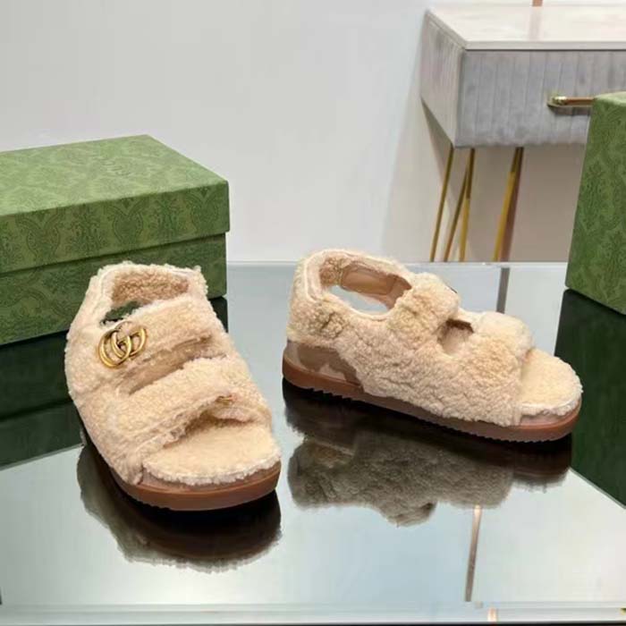 Gucci Women’s GG Double G Sandals Beige Merino Wool Double G Rubber Sole Flat