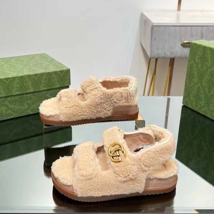 Gucci Women’s GG Double G Sandals Beige Merino Wool Double G Rubber Sole Flat