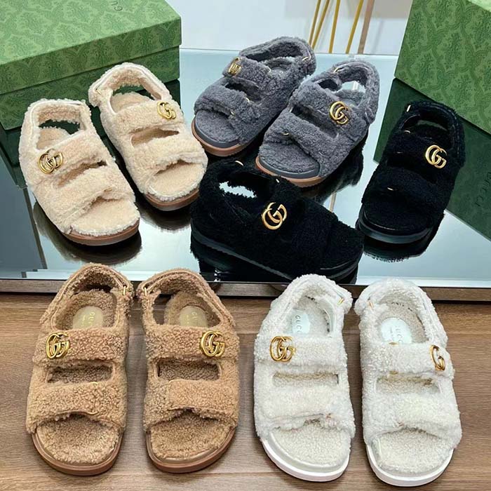 Gucci Women’s GG Double G Sandals Beige Merino Wool Double G Rubber Sole Flat