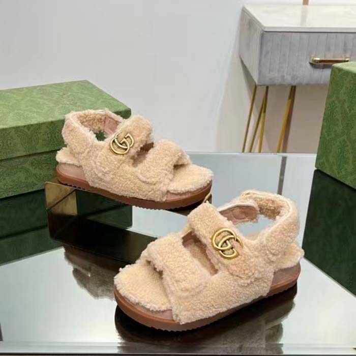 Gucci Women’s GG Double G Sandals Beige Merino Wool Double G Rubber Sole Flat