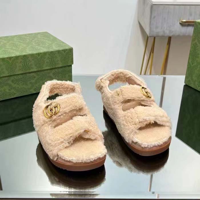 Gucci Women’s GG Double G Sandals Beige Merino Wool Double G Rubber Sole Flat