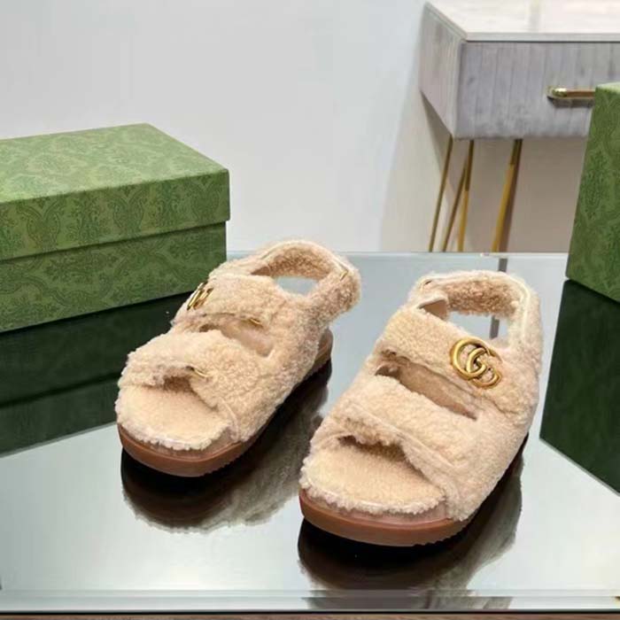 Gucci Women’s GG Double G Sandals Beige Merino Wool Double G Rubber Sole Flat