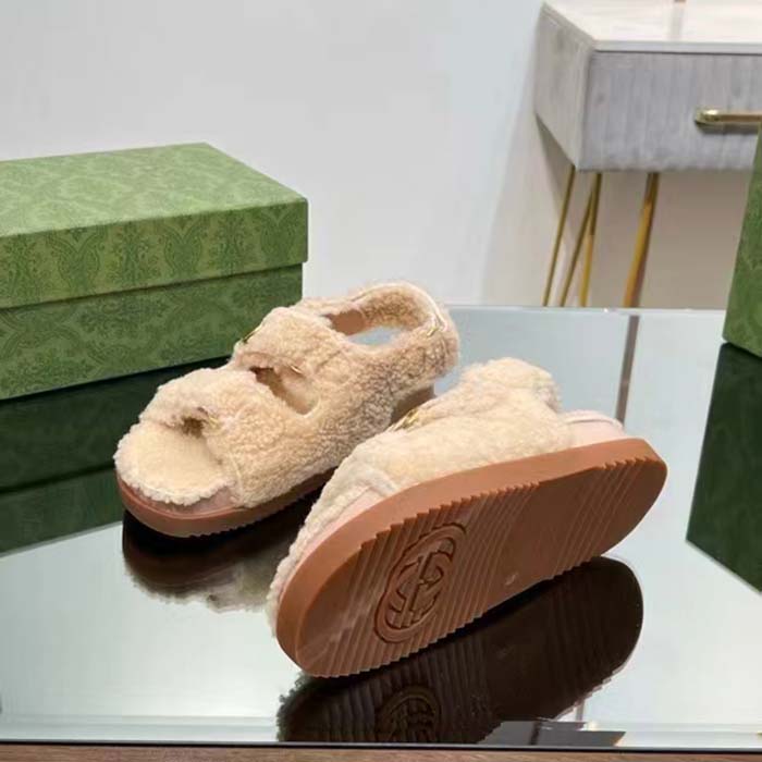 Gucci Women’s GG Double G Sandals Beige Merino Wool Double G Rubber Sole Flat