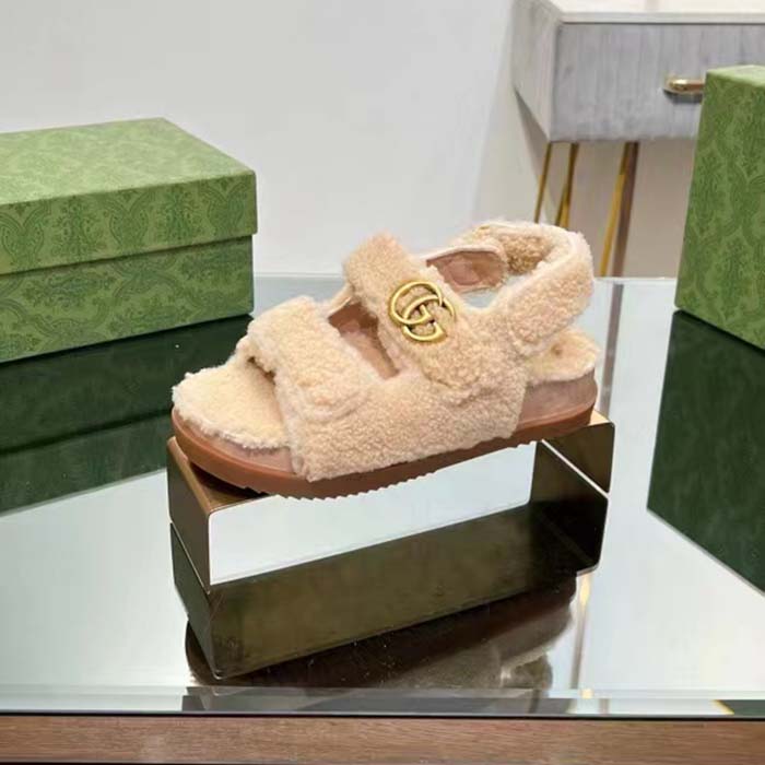 Gucci Women’s GG Double G Sandals Beige Merino Wool Double G Rubber Sole Flat