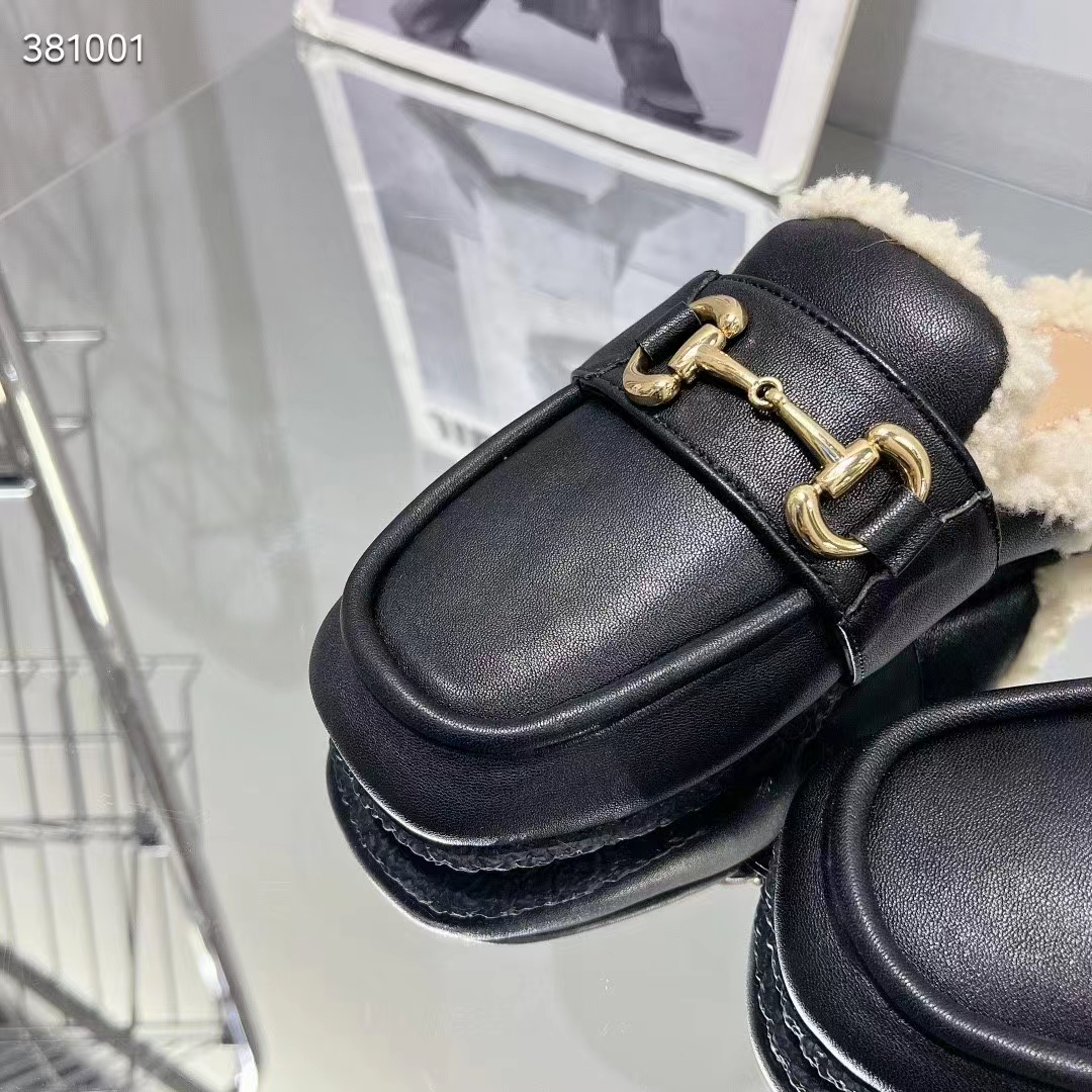Gucci Women’s GG Mule Horsebit Black Leather Merinos Wool Lining Leather Sole Flat