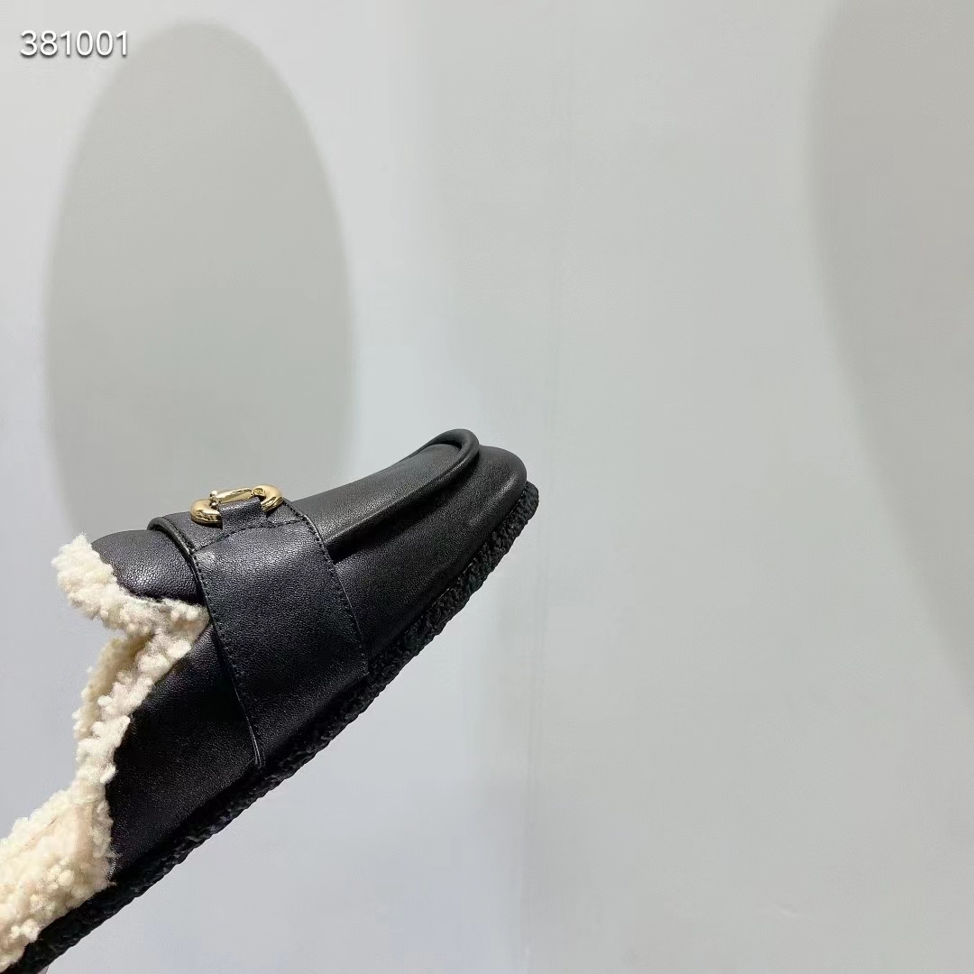 Gucci Women’s GG Mule Horsebit Black Leather Merinos Wool Lining Leather Sole Flat