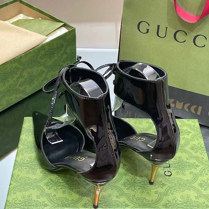 Gucci Women’s High-Heel Patent Pump Black Leather Pointed Toe Ankle Cuff