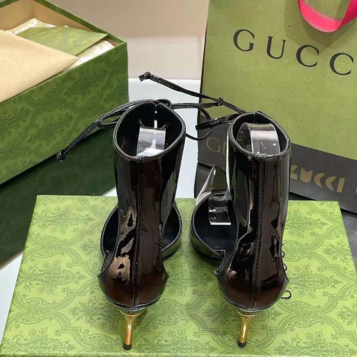 Gucci Women’s High-Heel Patent Pump Black Leather Pointed Toe Ankle Cuff