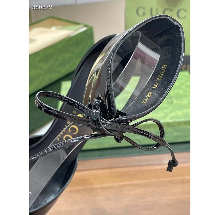 Gucci Women’s High-Heel Patent Pump Black Leather Pointed Toe Ankle Cuff