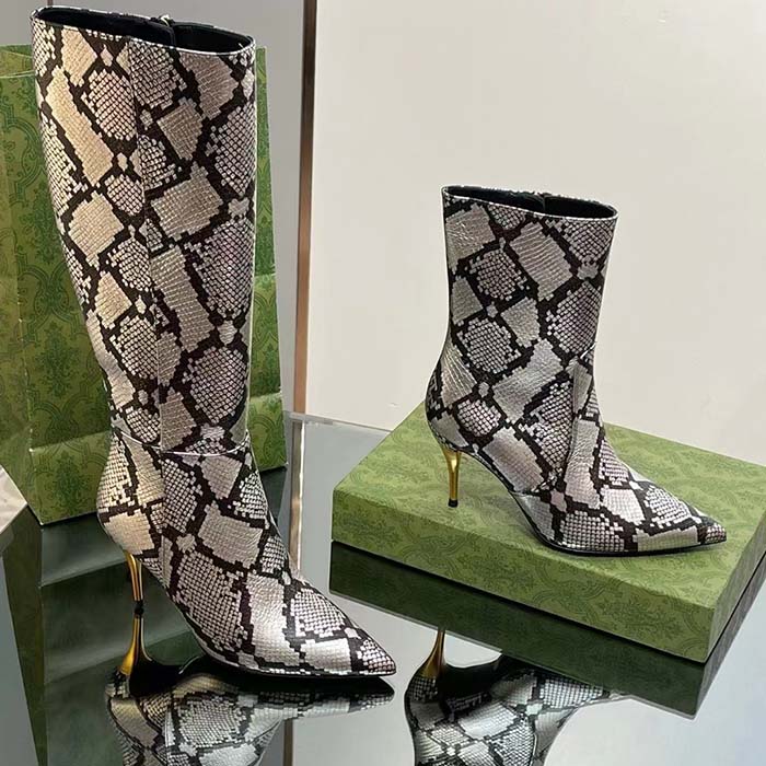 Gucci Women’s Python Mid-Heel Boot Metallic Silver Leather Sole Double G Detail Side Zip Closure