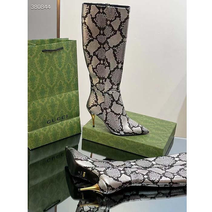 Gucci Women’s Python Mid-Heel Boot Metallic Silver Leather Sole Double G Detail Side Zip Closure