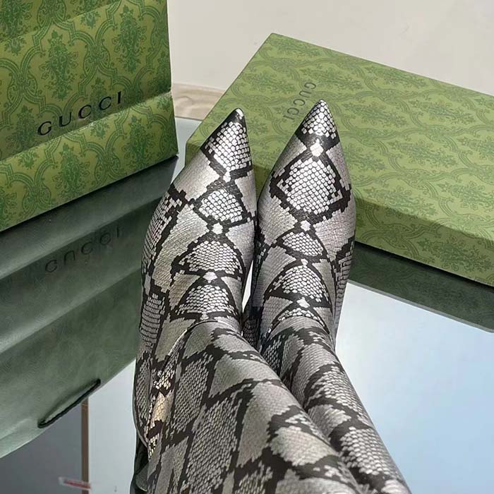Gucci Women’s Python Mid-Heel Boot Metallic Silver Leather Sole Double G Detail Side Zip Closure