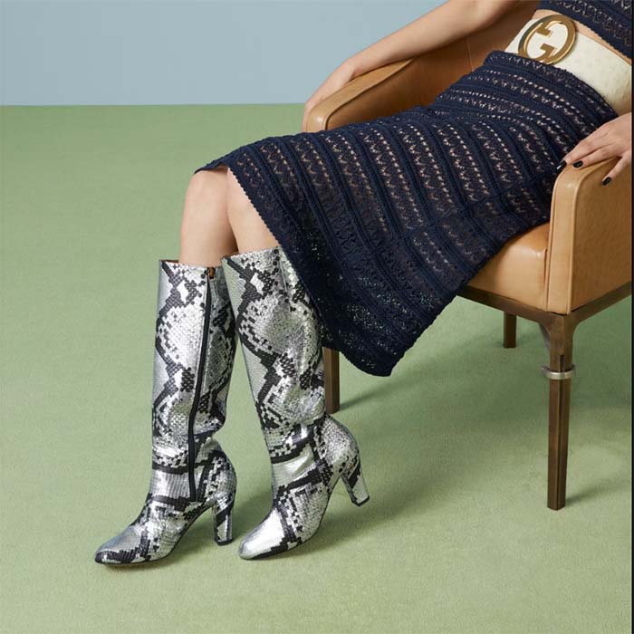 Gucci Women’s Python Mid-Heel Boot Metallic Silver Leather Sole Double G Detail Side Zip Closure
