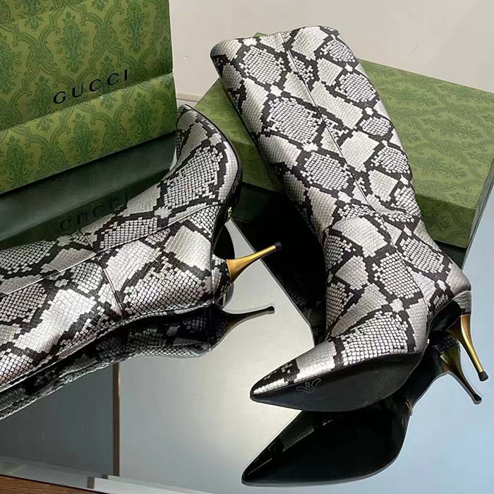 Gucci Women’s Python Mid-Heel Boot Metallic Silver Leather Sole Double G Detail Side Zip Closure