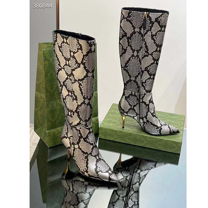 Gucci Women’s Python Mid-Heel Boot Metallic Silver Leather Sole Double G Detail Side Zip Closure