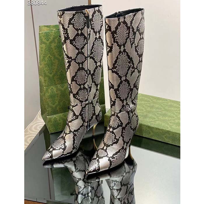 Gucci Women’s Python Mid-Heel Boot Metallic Silver Leather Sole Double G Detail Side Zip Closure