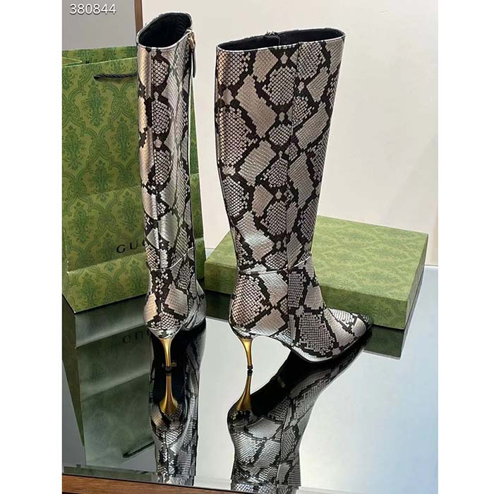 Gucci Women’s Python Mid-Heel Boot Metallic Silver Leather Sole Double G Detail Side Zip Closure
