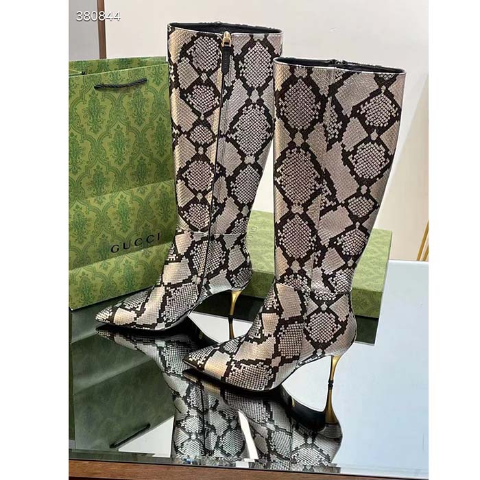 Gucci Women’s Python Mid-Heel Boot Metallic Silver Leather Sole Double G Detail Side Zip Closure