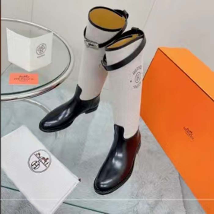 Hermes Women Jumping Boot Black Natural Calfskin Printed H Grey Canvas Black Leather Heel