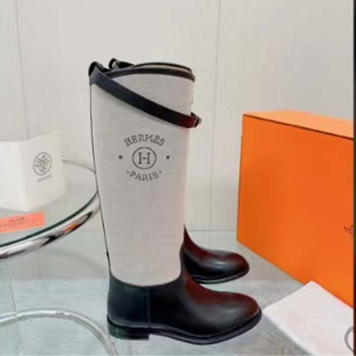 Hermes Women Jumping Boot Black Natural Calfskin Printed H Grey Canvas Black Leather Heel