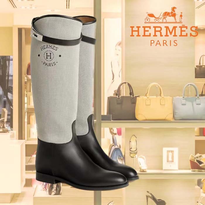 Hermes Women Jumping Boot Black Natural Calfskin Printed H Grey Canvas Black Leather Heel