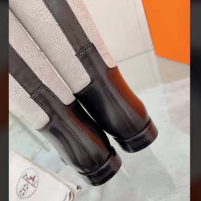Hermes Women Jumping Boot Black Natural Calfskin Printed H Grey Canvas Black Leather Heel