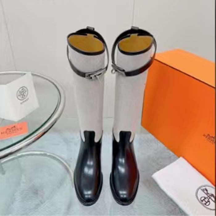 Hermes Women Jumping Boot Black Natural Calfskin Printed H Grey Canvas Black Leather Heel