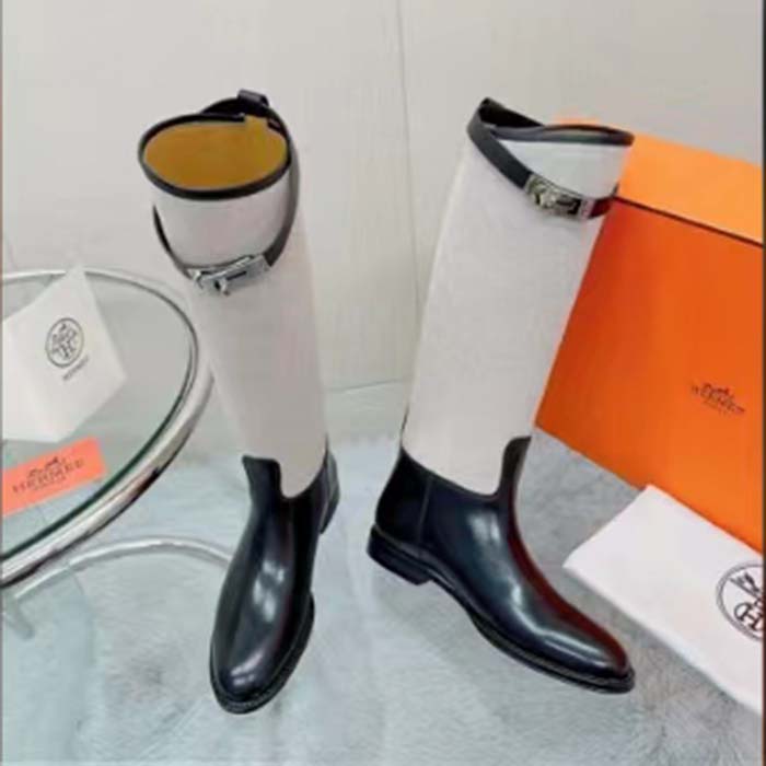 Hermes Women Jumping Boot Black Natural Calfskin Printed H Grey Canvas Black Leather Heel