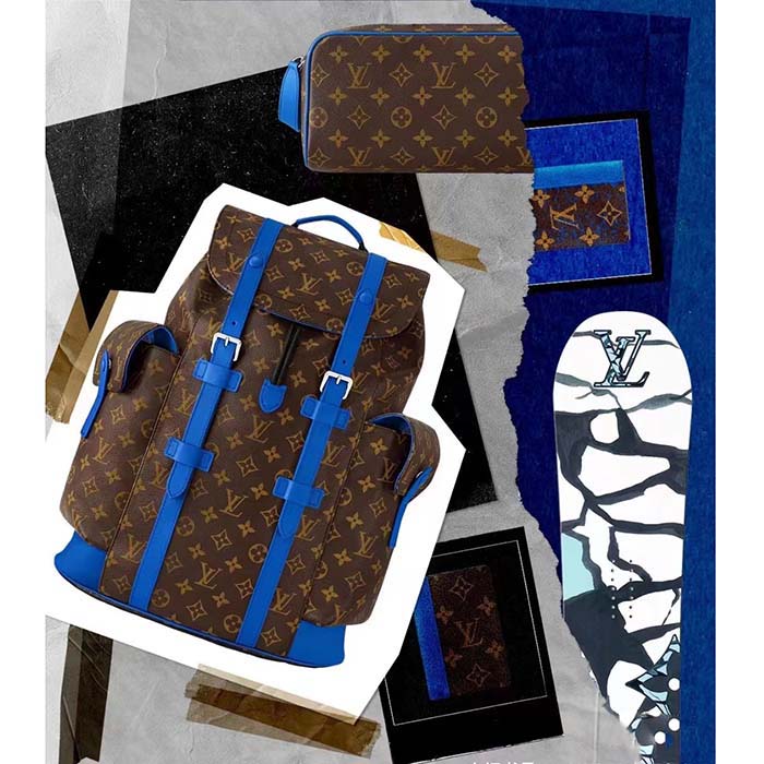Louis Vuitton LV Unisex Christopher MM Backpack Blue Monogram Macassar Coated Canvas Cowhide Leather