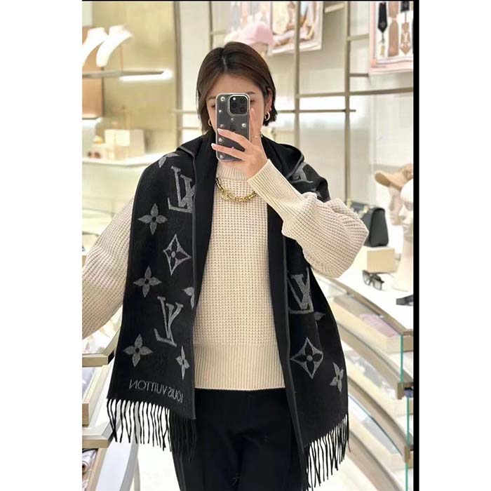 Louis Vuitton LV Unisex Fall For You Scarf Black Wool Cashmere Jacquard Weave Monogram