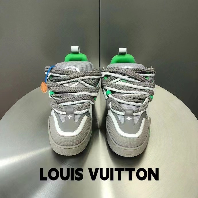 Louis Vuitton LV Unisex Skate Sneaker Grey Mix Materials Grained Calf Leather Technical Mesh