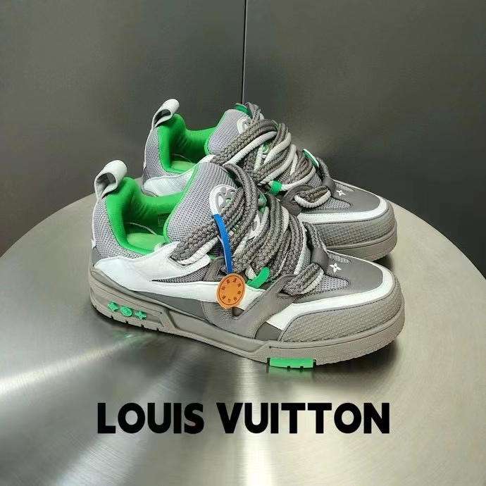 Louis Vuitton LV Unisex Skate Sneaker Grey Mix Materials Grained Calf Leather Technical Mesh