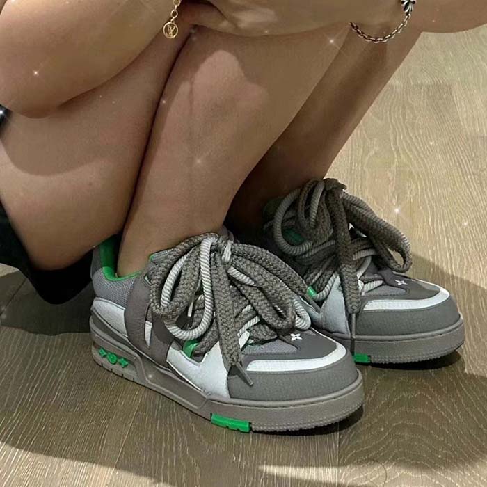 Louis Vuitton LV Unisex Skate Sneaker Grey Mix Materials Grained Calf Leather Technical Mesh