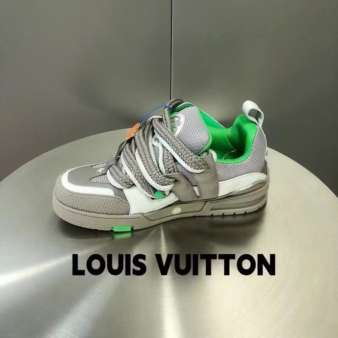Louis Vuitton LV Unisex Skate Sneaker Grey Mix Materials Grained Calf Leather Technical Mesh