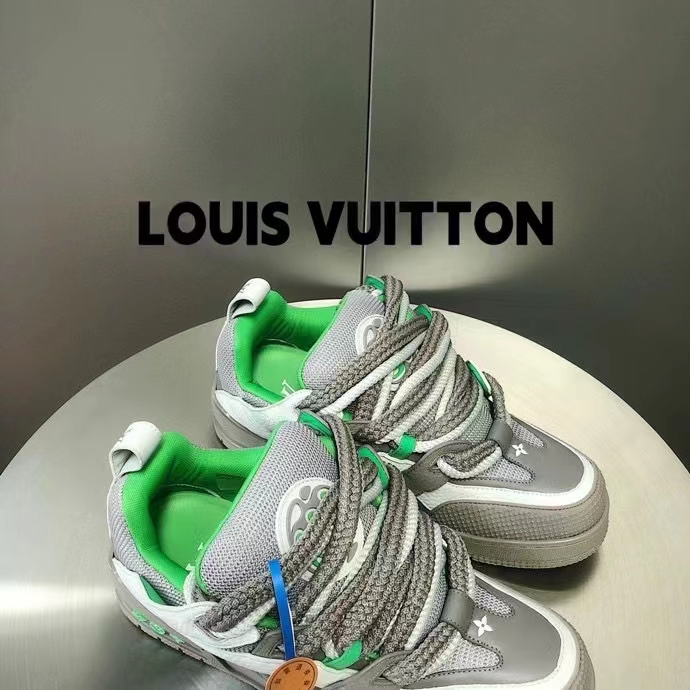 Louis Vuitton LV Unisex Skate Sneaker Grey Mix Materials Grained Calf Leather Technical Mesh