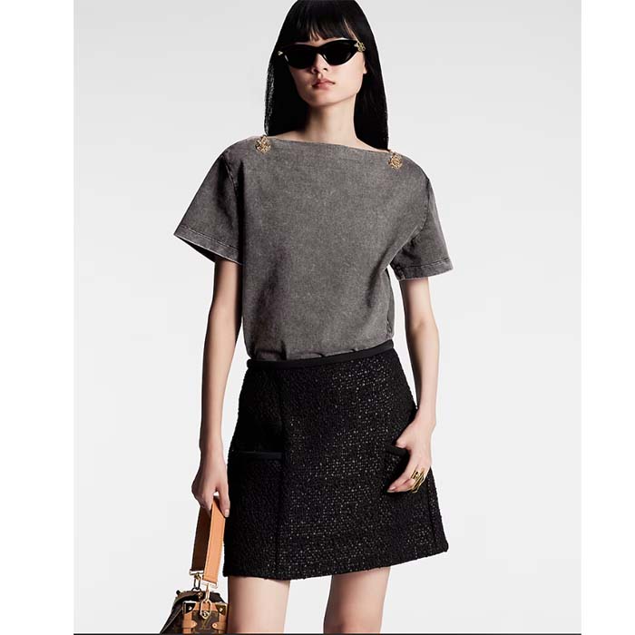 Louis Vuitton LV Women Bateau Neck T-Shirt Cotton Metal Grey Regular Fit