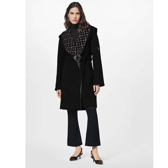 Louis Vuitton LV Women Hooded Wrap Coat Wool Silk Black White Regular Fit