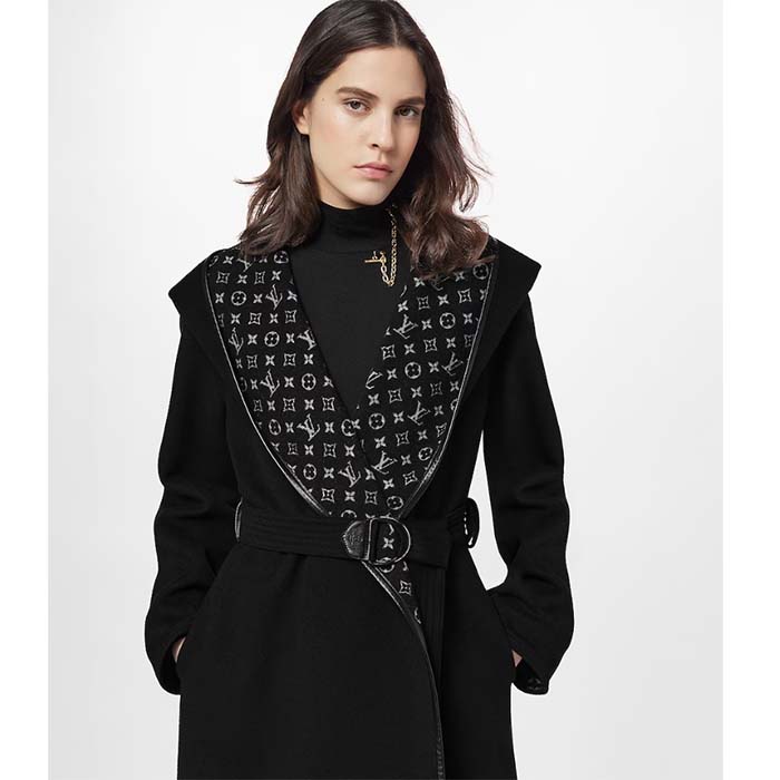 Louis Vuitton LV Women Hooded Wrap Coat Wool Silk Black White Regular Fit