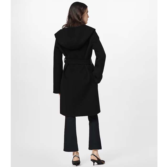 Louis Vuitton LV Women Hooded Wrap Coat Wool Silk Black White Regular Fit