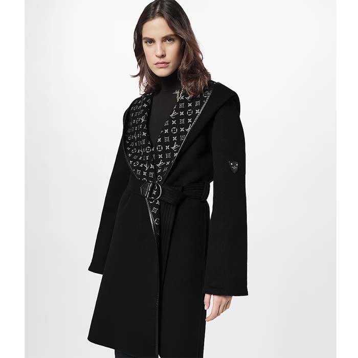 Louis Vuitton LV Women Hooded Wrap Coat Wool Silk Black White Regular Fit