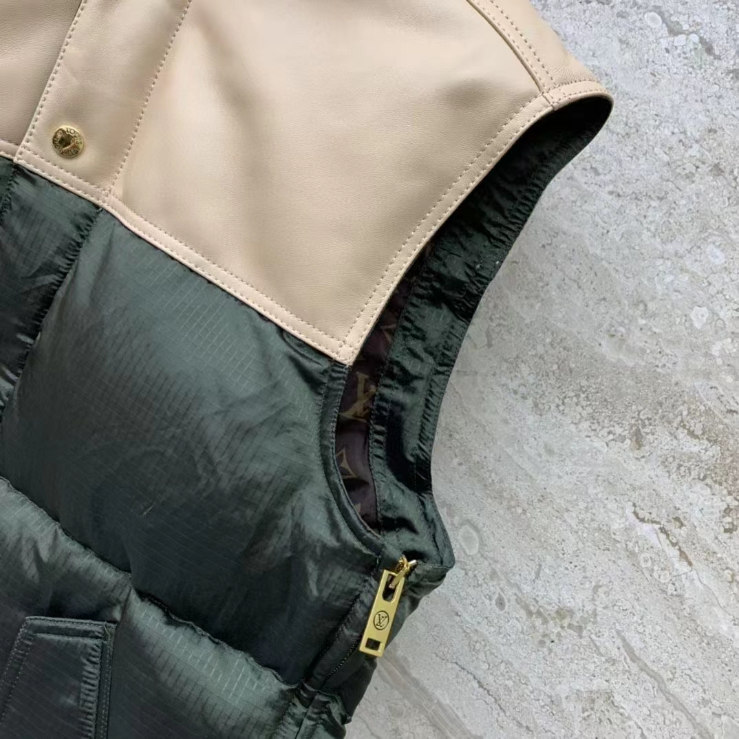 Louis Vuitton LV Men Leather Accent Sleeveless Puffer Jacket Khaki Beige Regular Fit