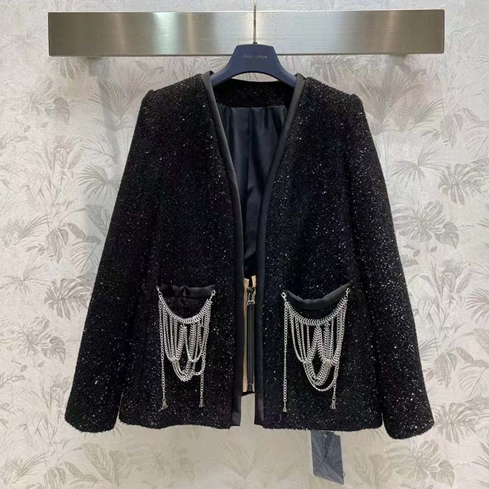 Louis Vuitton LV Women Scuba Trim Tweed Jacket Wool Black Regular Fit