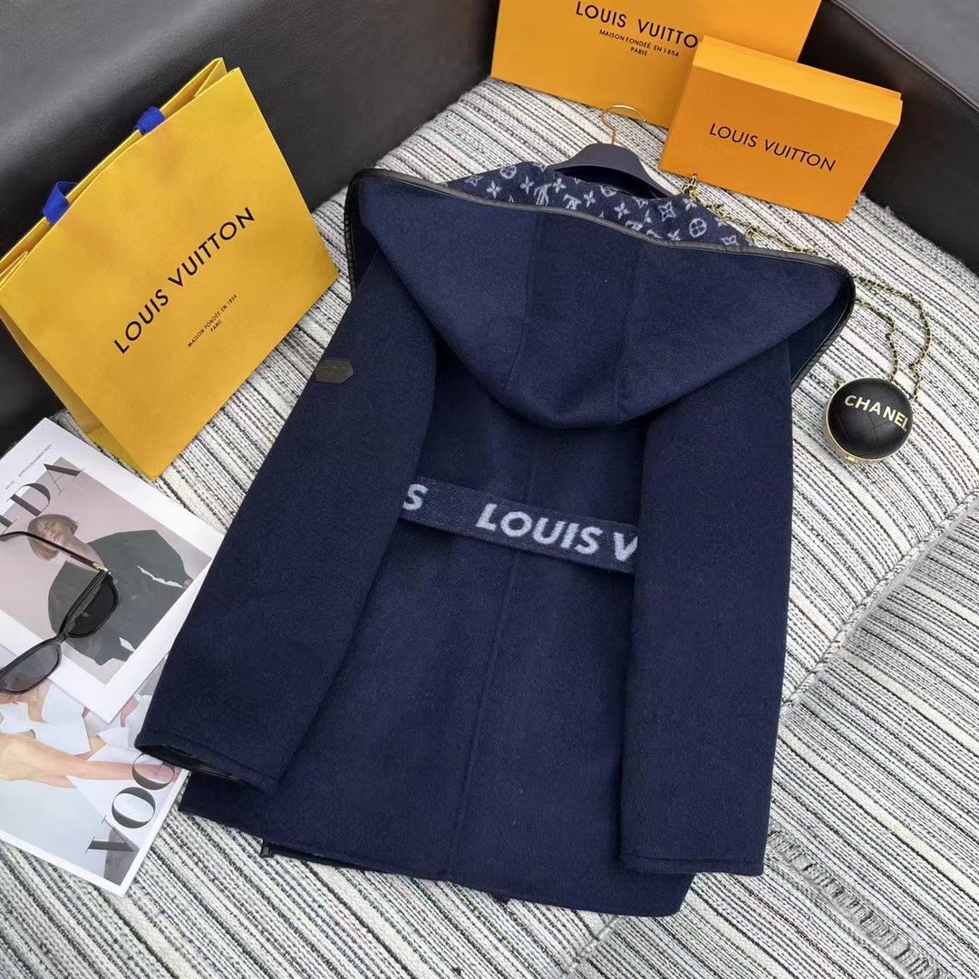 Louis Vuitton LV Women Signature Double Face Short Wrap Coat Wool Silk Blue Regular Fit