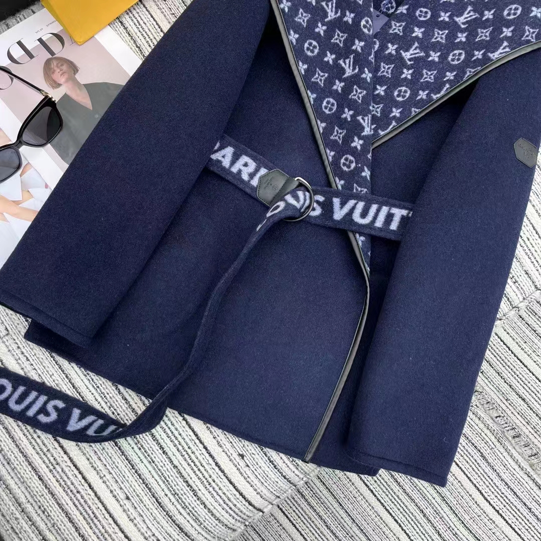 Louis Vuitton LV Women Signature Double Face Short Wrap Coat Wool Silk Blue Regular Fit