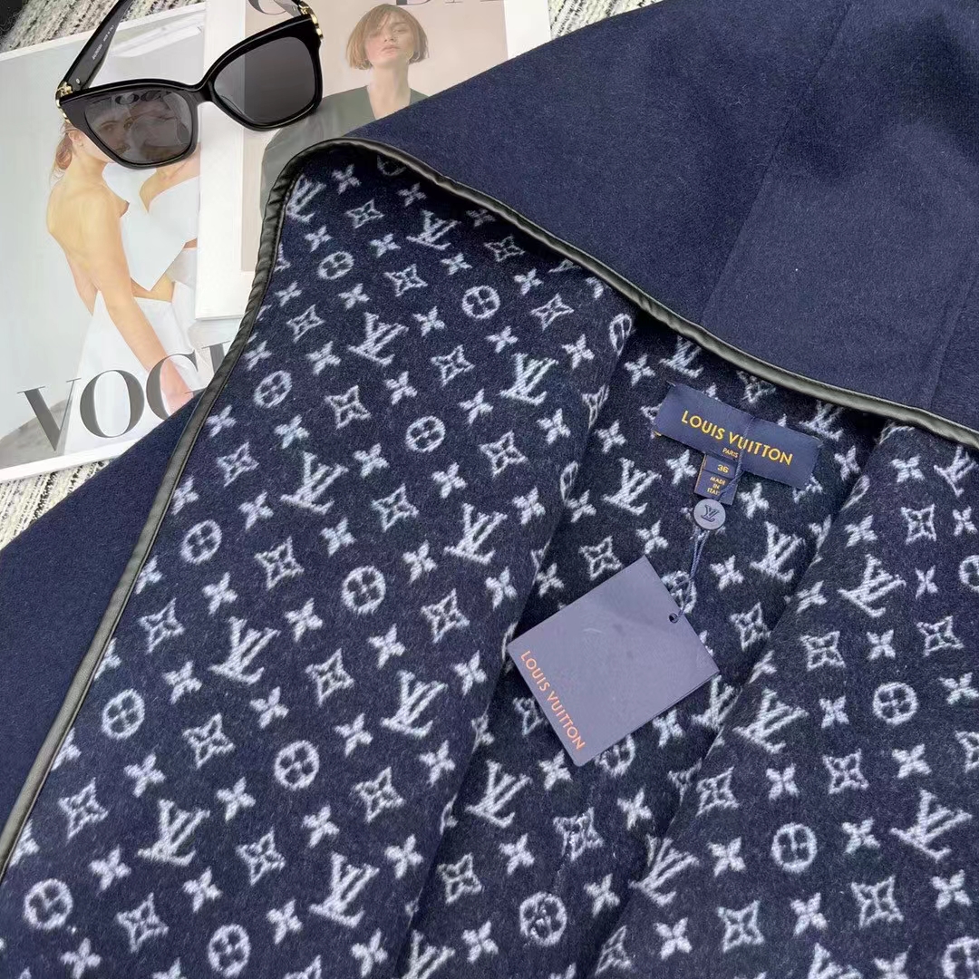 Louis Vuitton LV Women Signature Double Face Short Wrap Coat Wool Silk Blue Regular Fit