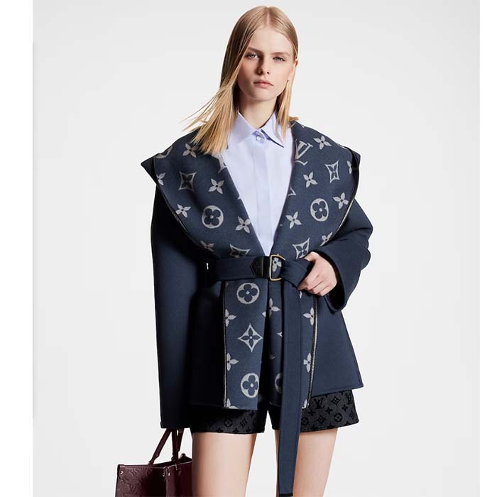 Louis Vuitton LV Women Signature Short Hooded Wrap Coat Wool Silk Petrol Blue Regular Fit