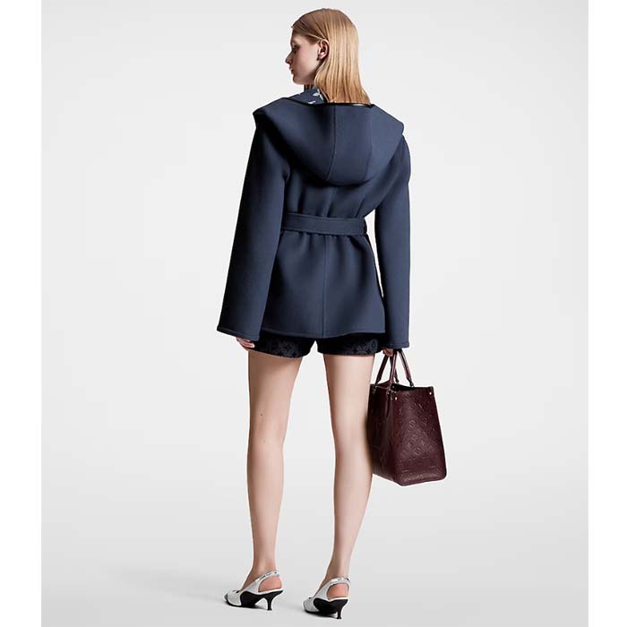 Louis Vuitton LV Women Signature Short Hooded Wrap Coat Wool Silk Petrol Blue Regular Fit