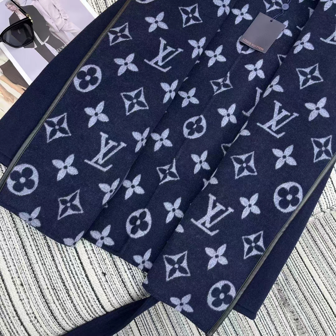 Louis Vuitton LV Women Signature Short Hooded Wrap Coat Wool Silk Petrol Blue Regular Fit