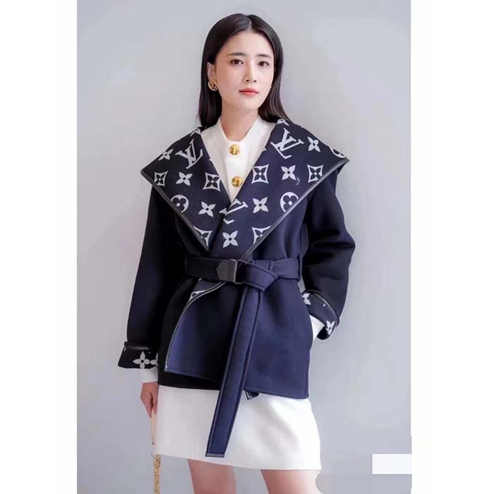 Louis Vuitton LV Women Signature Short Hooded Wrap Coat Wool Silk Petrol Blue Regular Fit